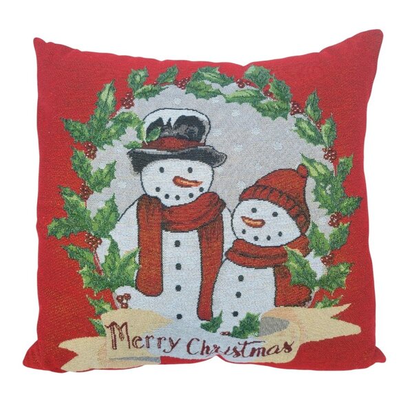 St. Nicholas Square Holiday Christmas Tapestry Throw Pillow Red Snowman Decor - Picture 1 of 8